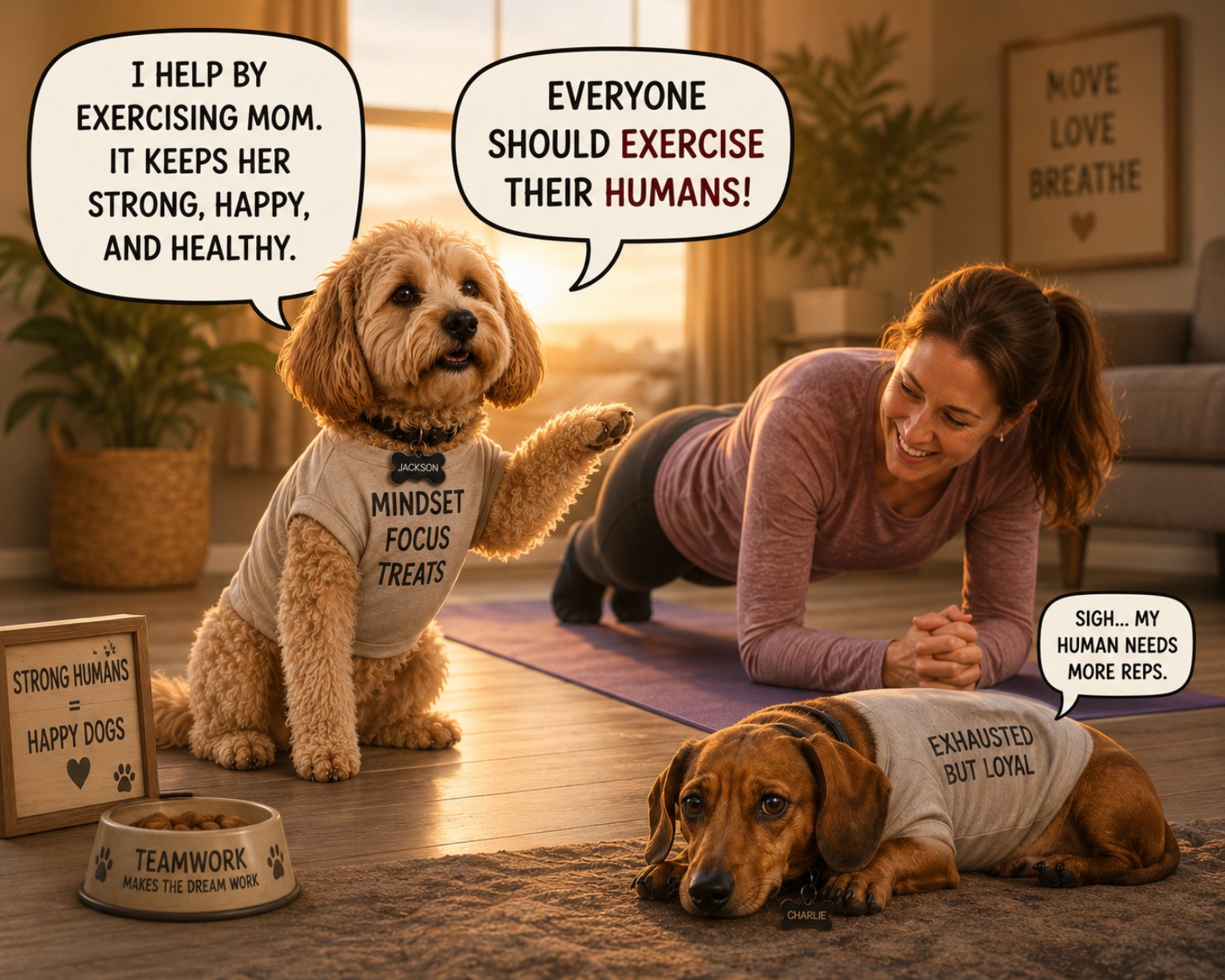Jackson and Charlie encouraging humans to move for strength, happiness, and health