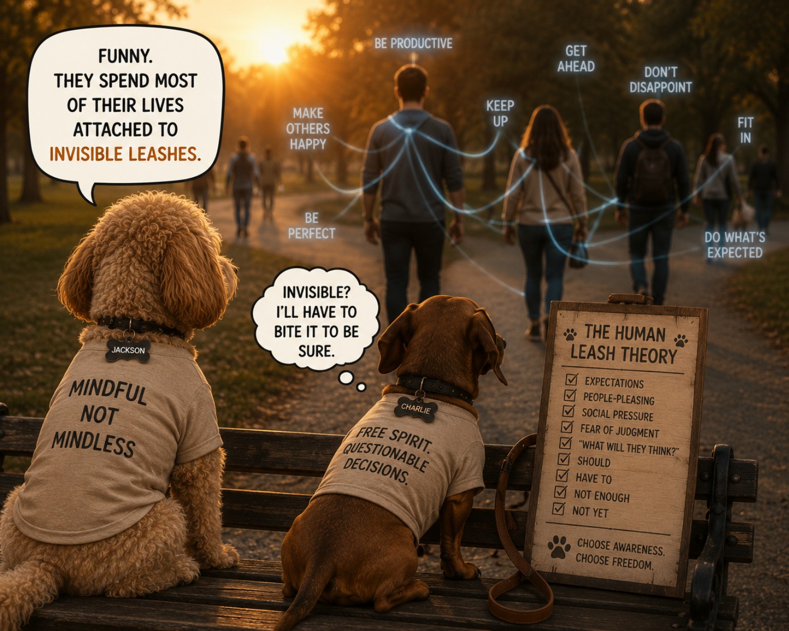 Jackson and Charlie looking at a diagram about invisible leashes, boundaries, and people pleasing