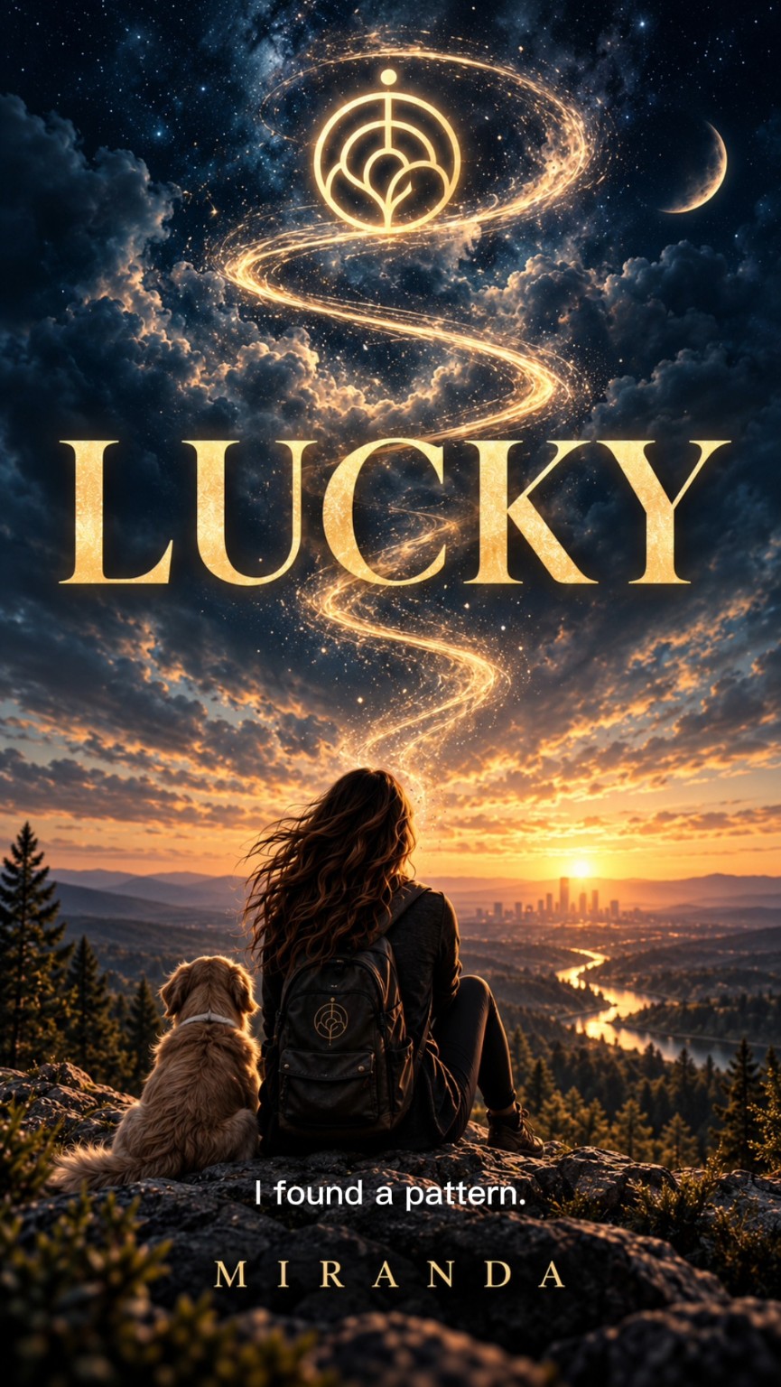 Lucky book cover: a woman and dog overlooking a city beneath a golden path through the sky